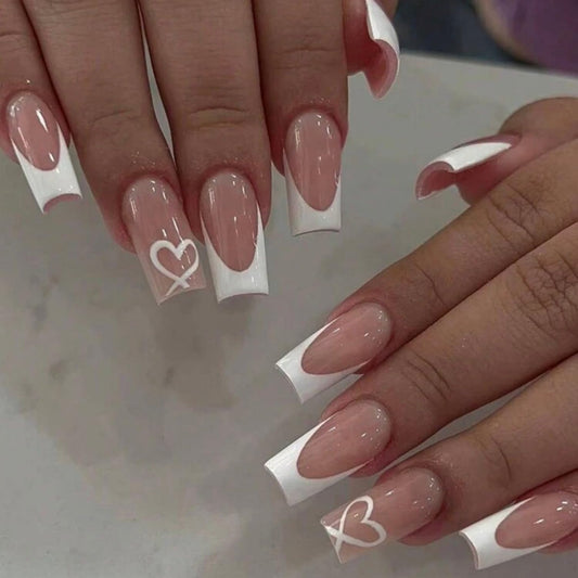 White Press on Nails Coffin Fake Nails with Designs Glossy Heart Nails Press on Acrylic Nails French Tip Glue on Nails Medium Length Static Nails Square False Nails Valentines Stick on Nails for Women