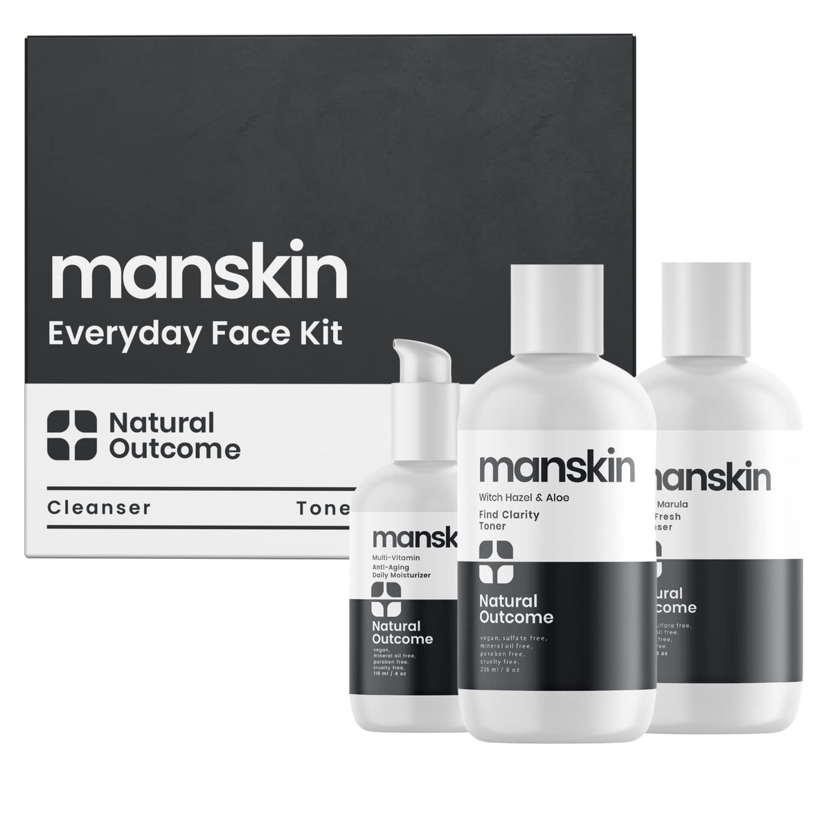 Natural Outcome Mens Skin Care Kit | Mens Facial Care Kit for Men Skincare | Anti-Aging Daily 3 Step Face Care Regimen Includes: Rejuvenating Facial Cleanser Balancing Toner & Hydrating Moisturizer