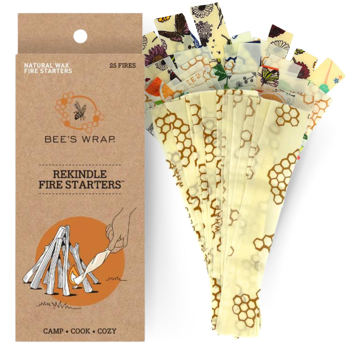 Bees Wrap ReKindle Fire Starters Made in The USA Natural Beeswax Fire Starters for Campfires Waterproof Firestarter Made from Beeswax Food Wraps Safe for Indoor & Outdoor Use 6oz Starts 25 Fires